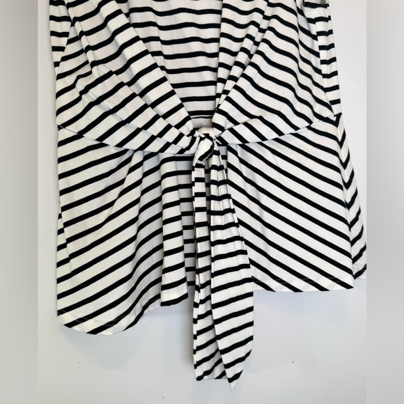 Papillon Black White Striped Blouse SS with Tie Knot Wrap Front Womens Sz XL - Picture 2 of 7